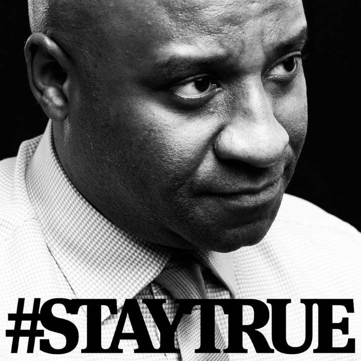 Photo by Ivan Maslarov of Noel Whittaker with hashtag  stay true. Noel is a black man. The photo was originally taken to support a Movember campaign.