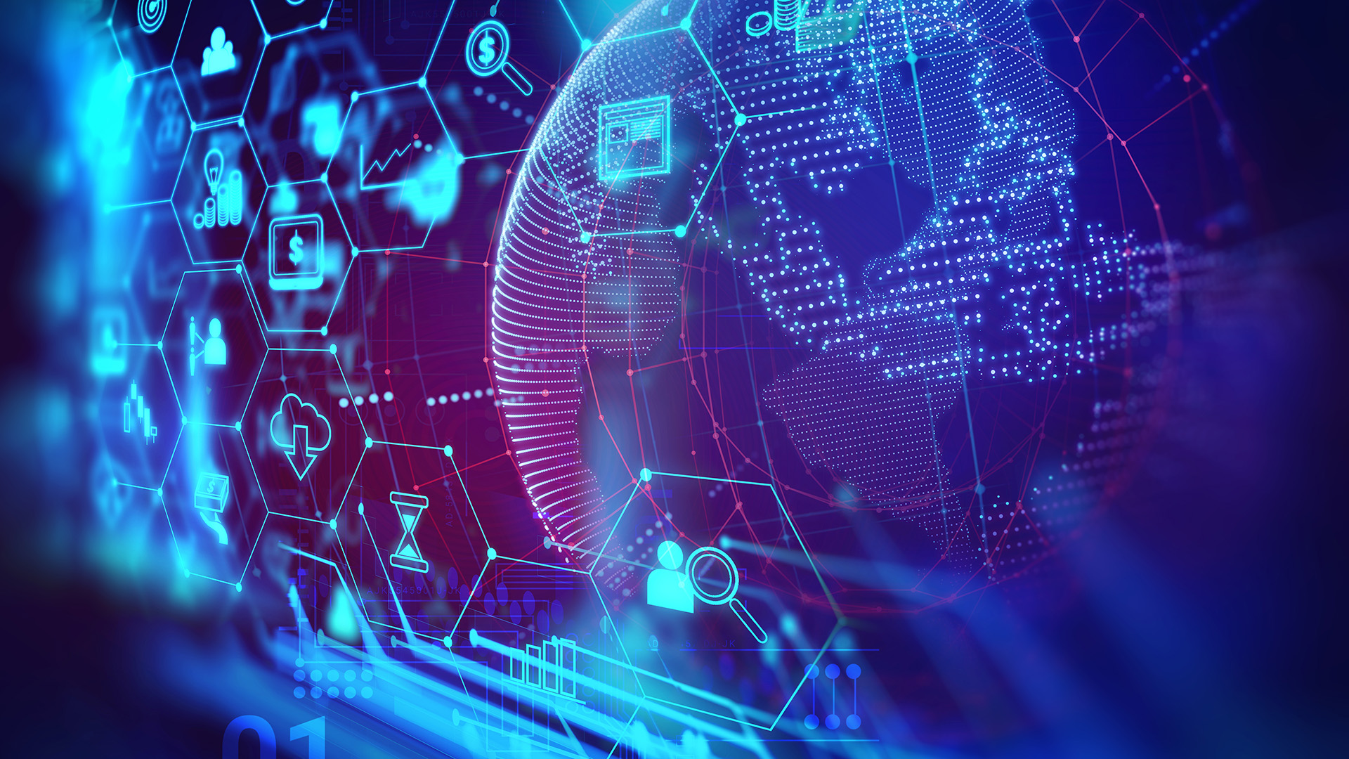 Digital globe and financial symbols in blue and purple
