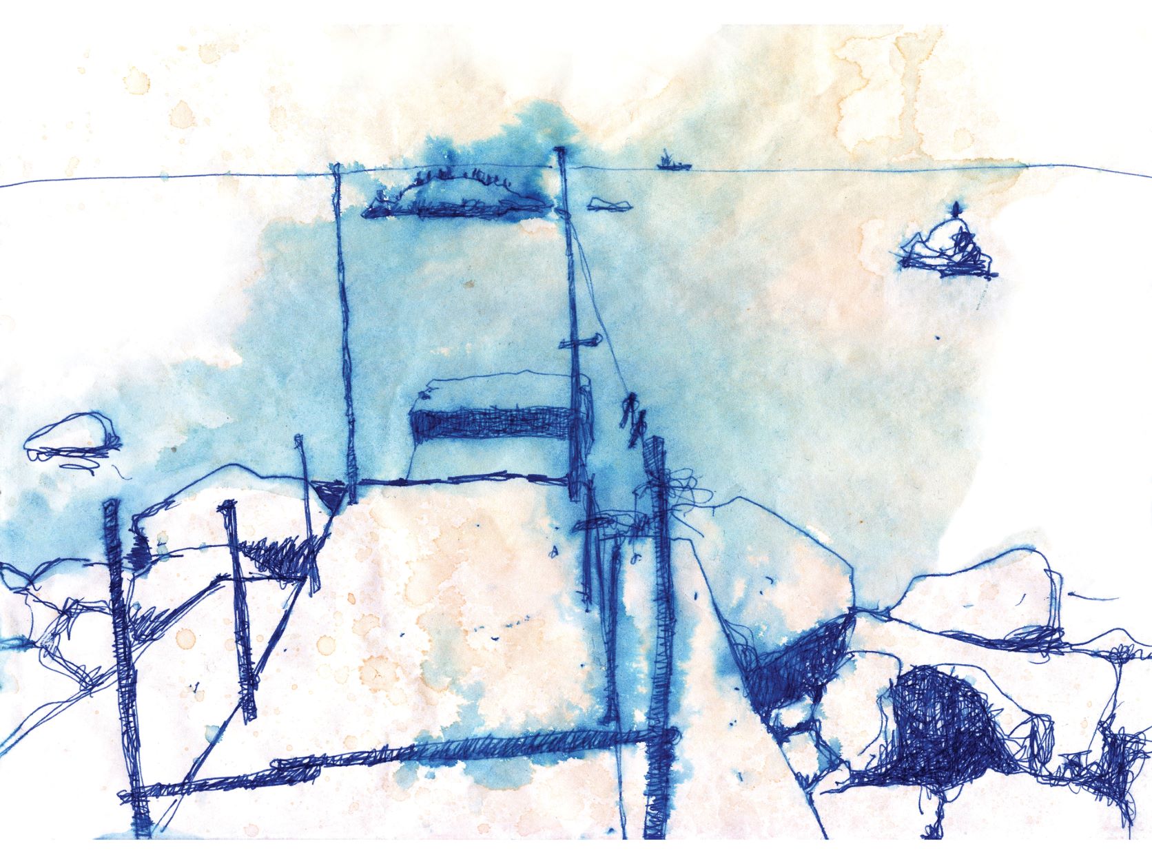 watercolour sketch of pier and water