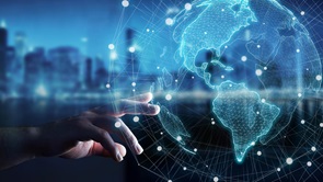 Hand, globe, city, skyline