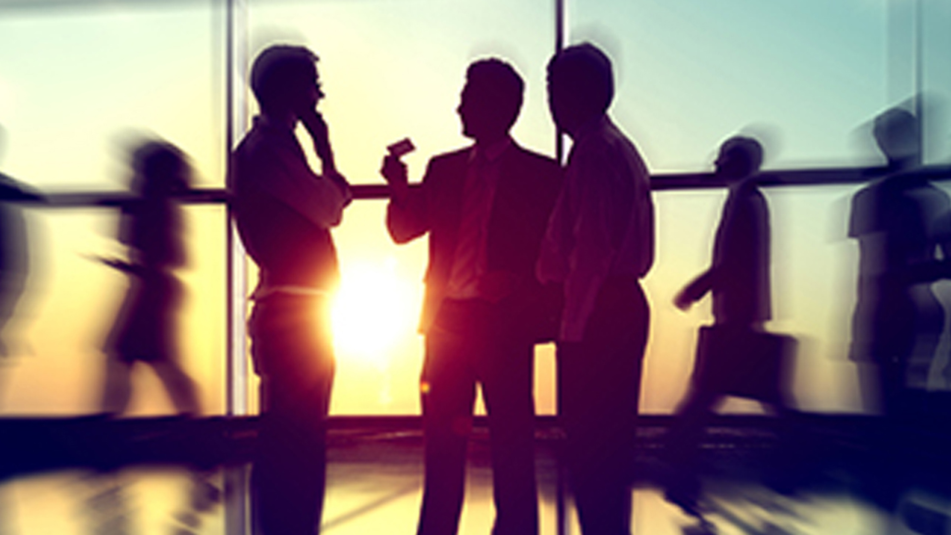 Employee silhouettes against glass wall