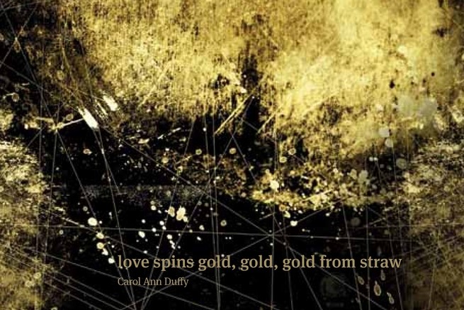 a glimpse of the RE cover showing black and scattered gold with a line from a Carol Ann Duffy poem