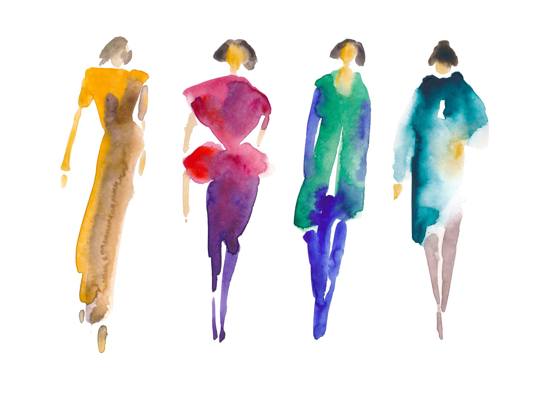 watercolour sketch of four brightly dressed women 