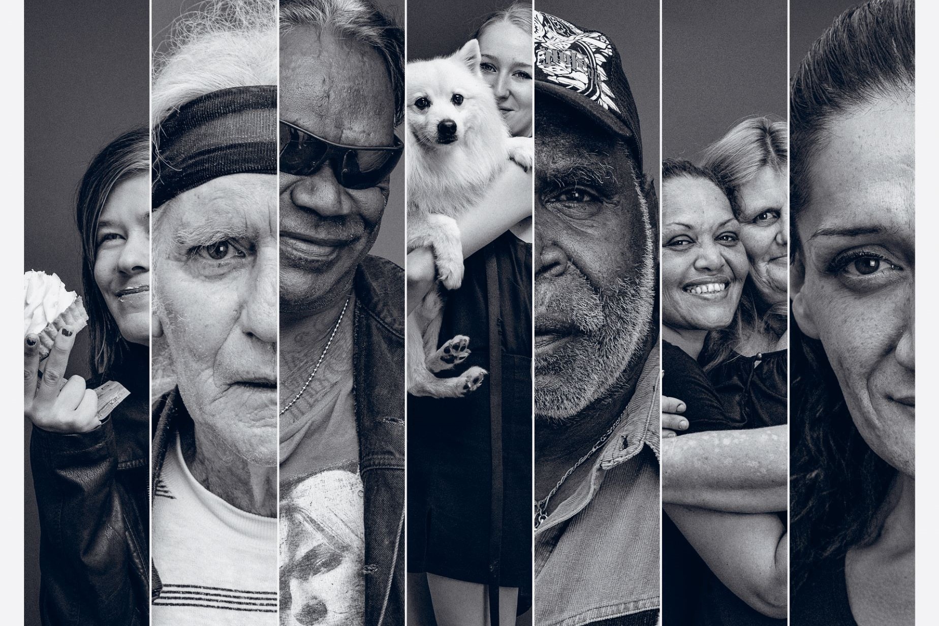 black-and-white image of the faces of people attending the Wayside Chapel in Sydney, for the Love Over Hate photo essay