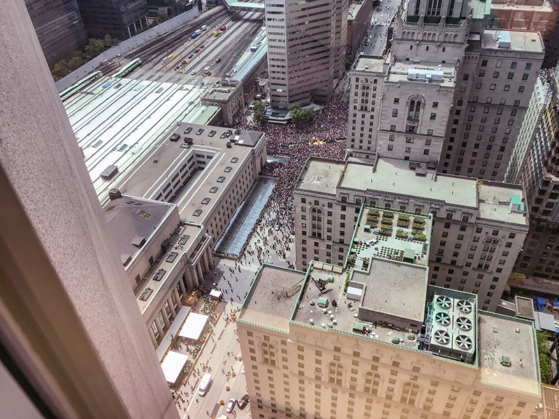 Toronto office window shot of Raptors parade