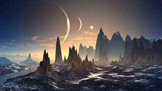 Planet with mountains and moons. A backdrop for an essay on science fiction.