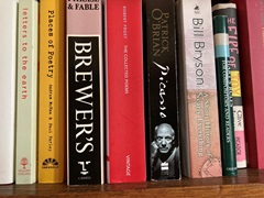 Books on a shelf including Robert Frost's poems and a biography of Picasso