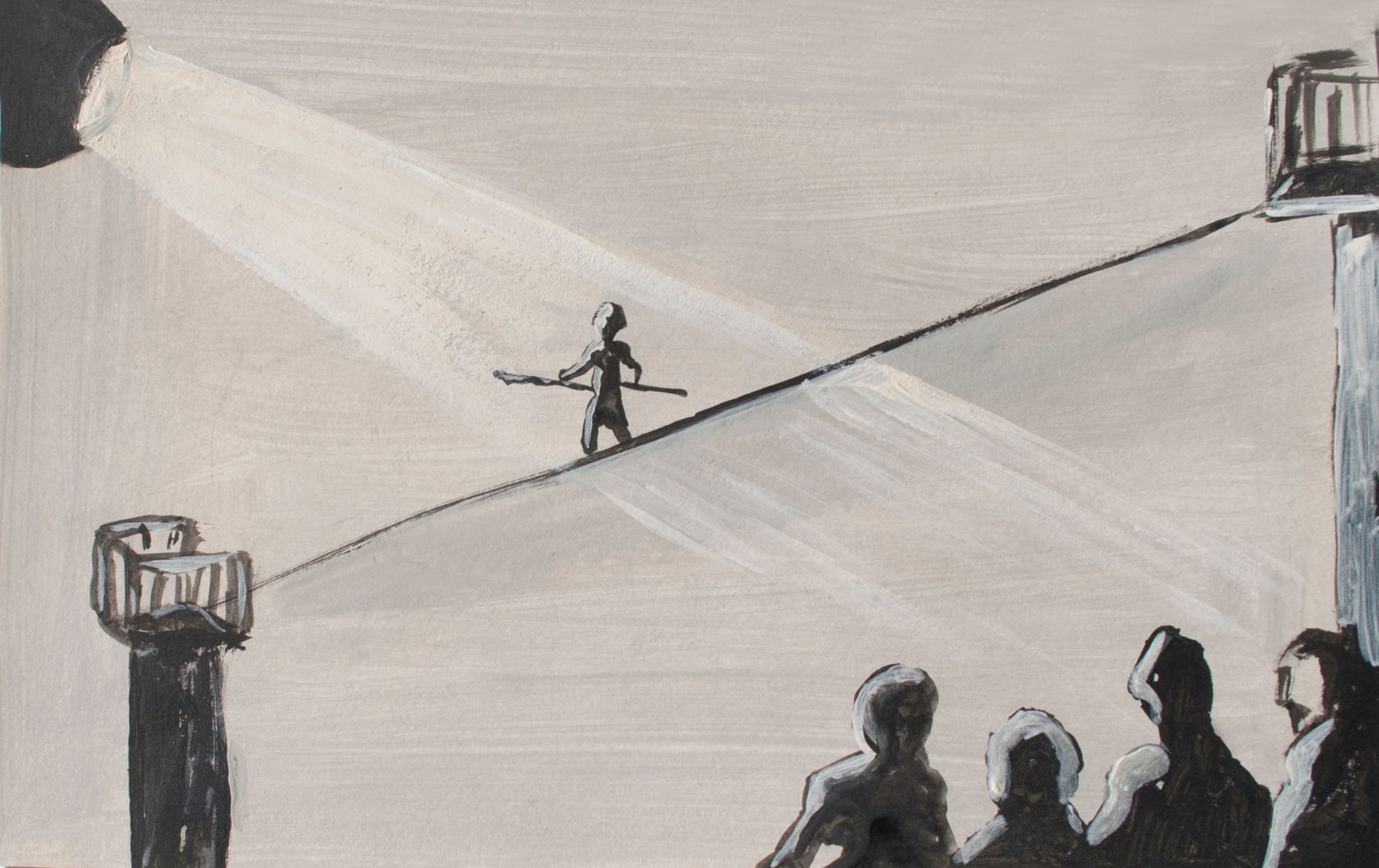 tightrope walker in sight of onlookers (black-and-white sketch)