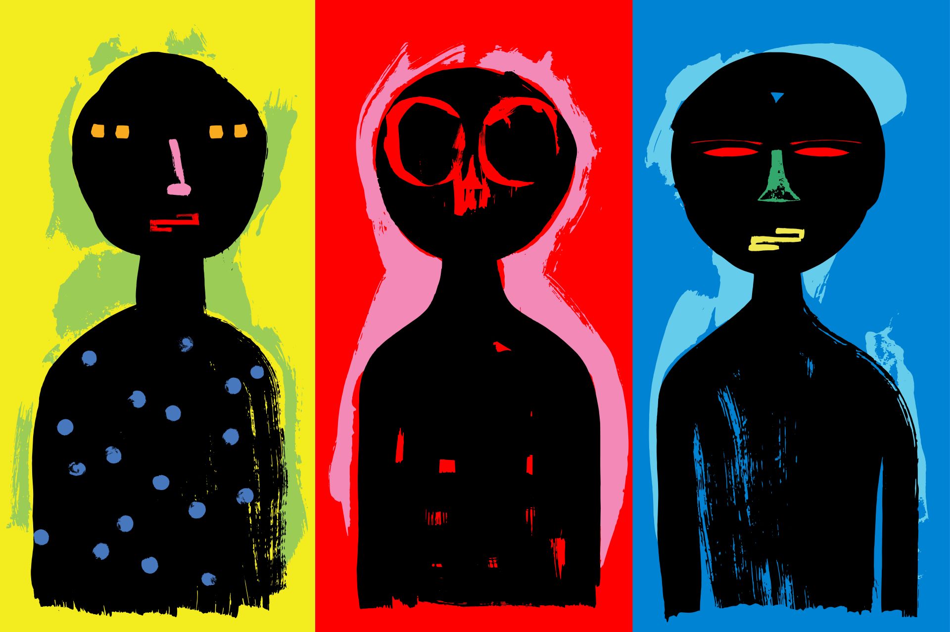 three cartoon characters in primary colours