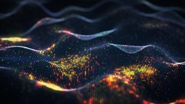 Orange, purple and black digital points moving in a wave-like motion