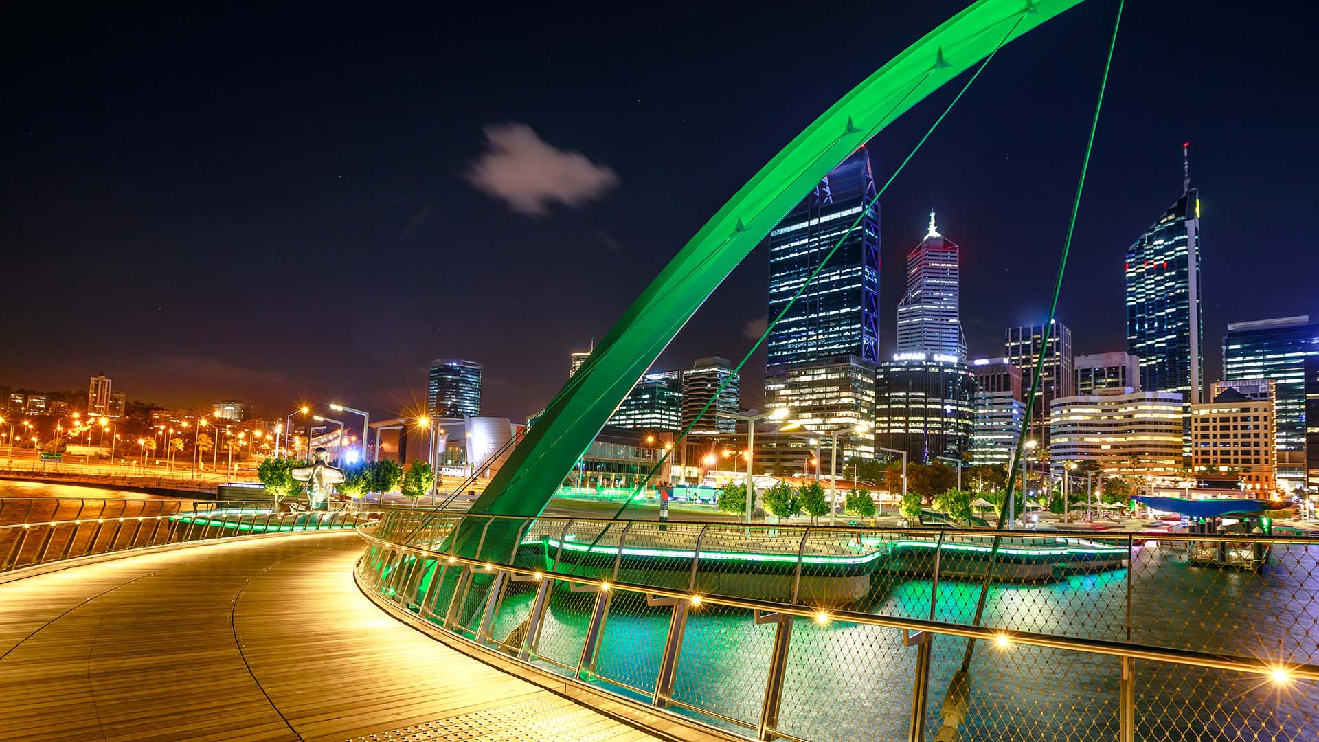 Wooden footpath on Elizabeth Quay Bridge in Perth, Australia