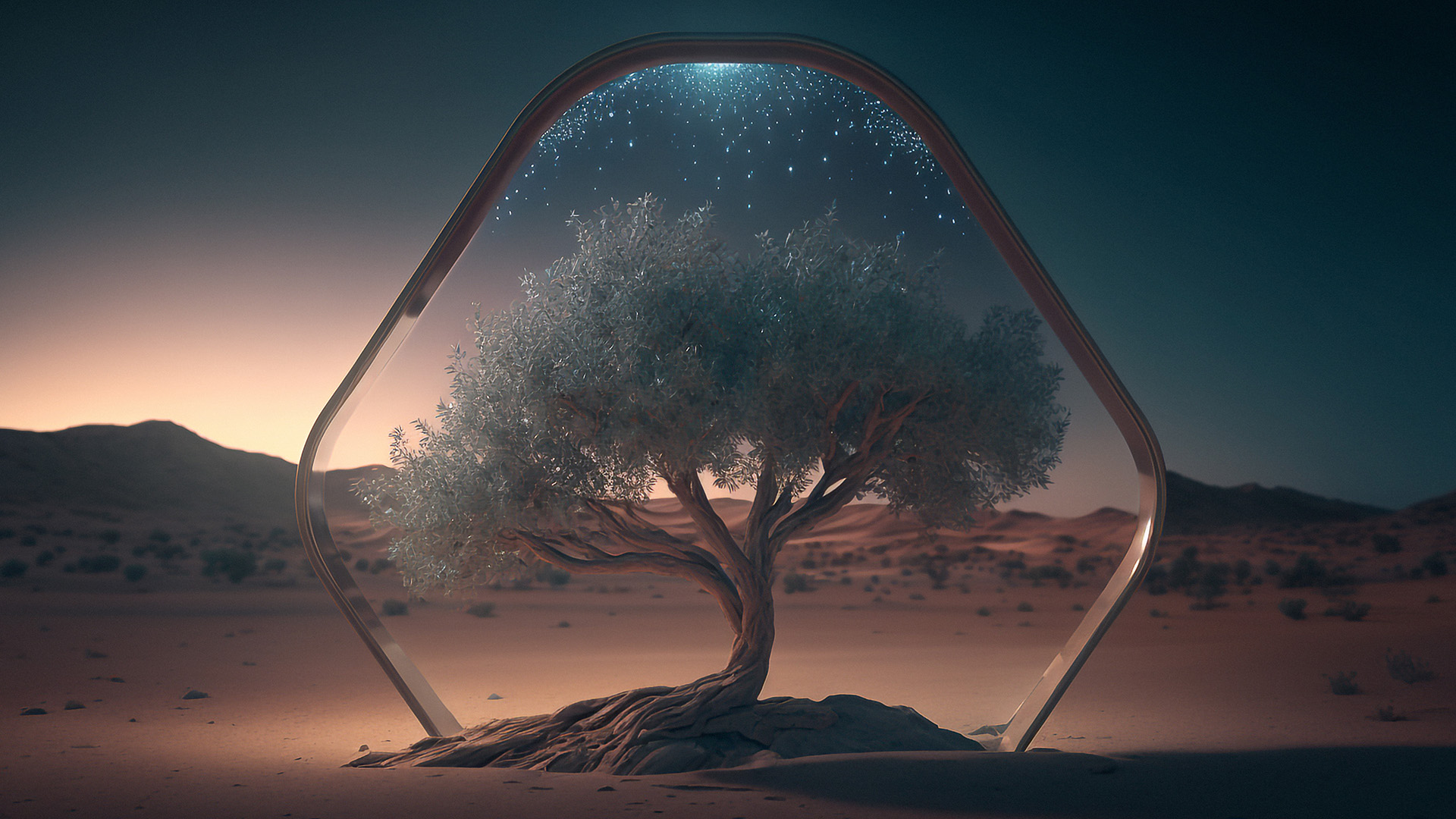 tree in a glass case in the middle of the desert 