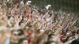 football fans holding their arms in the air