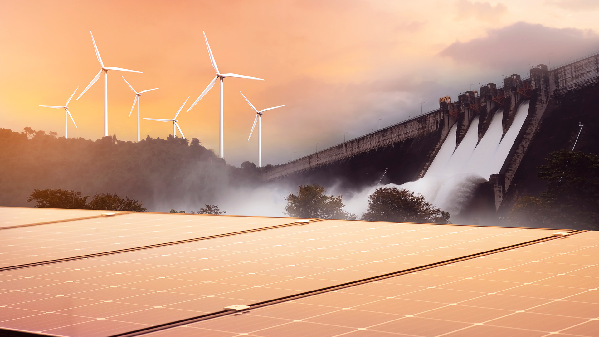 image of hydro, windmills and solar power
