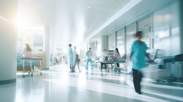 abstract blurred image of doctor and patient people in hospital interior or clinic corridor for background, wide angle lens photorealistic daylight