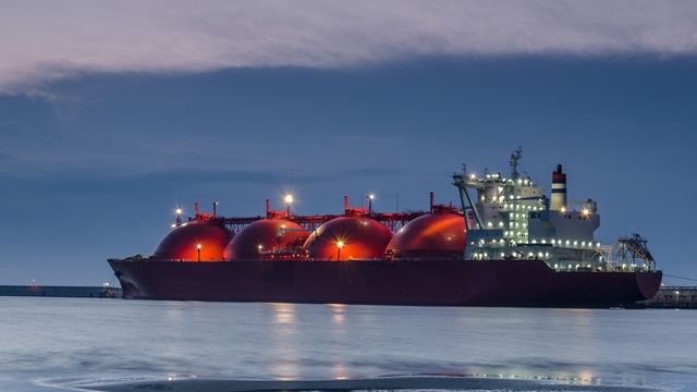 Sunrise at the gas terminal and tanker in Swinoujscie