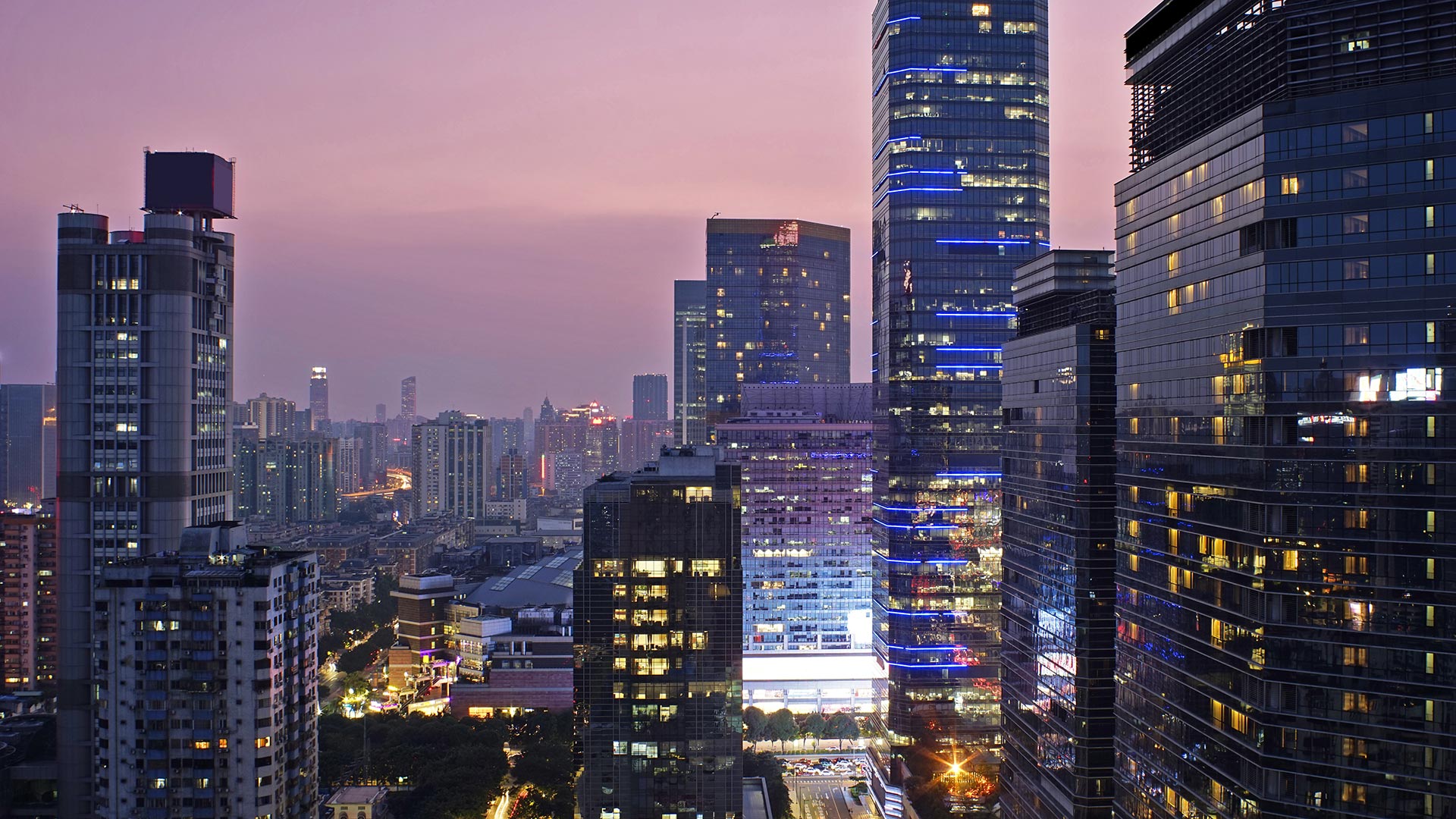 Office buildings at sunset