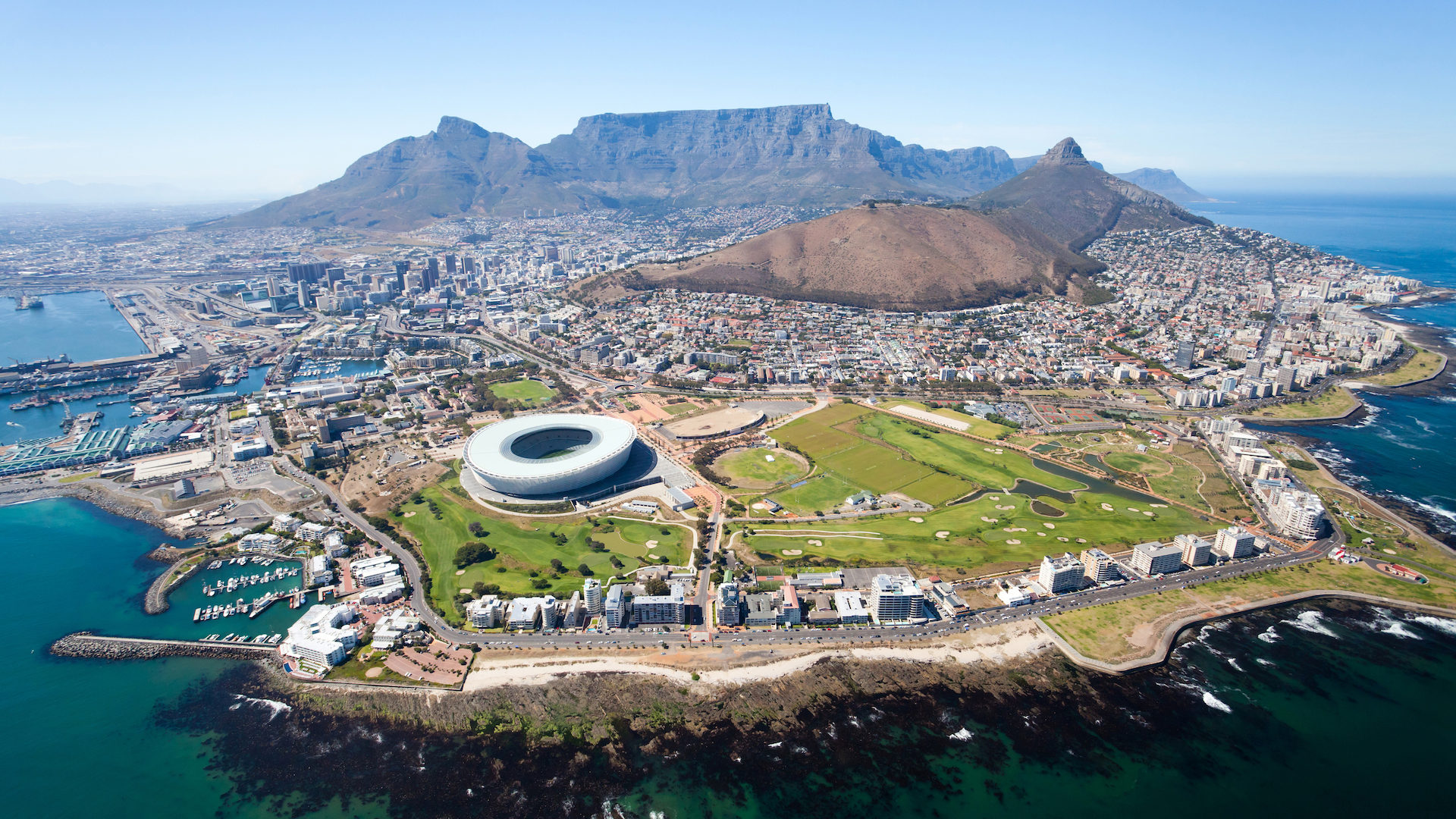 Aerial view of table mountain in South Africa