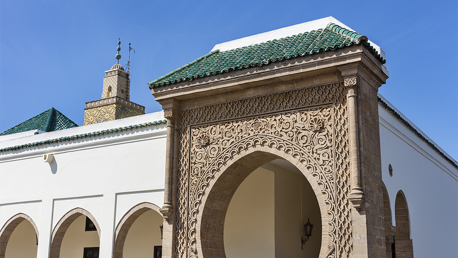 Mosque El-Fahs with beautifully decorated entrance in the Parc of the Kings palace in Rabat, Morocco