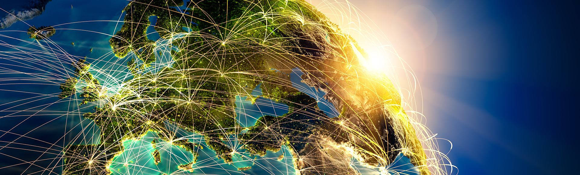 Image of earth with sun ray and connected lines