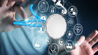 Healthcare system icons with hands holding stethoscope