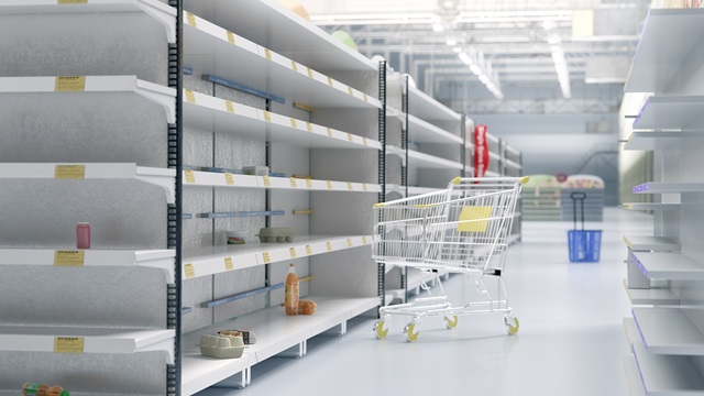 empty grocery store shelves and trolley