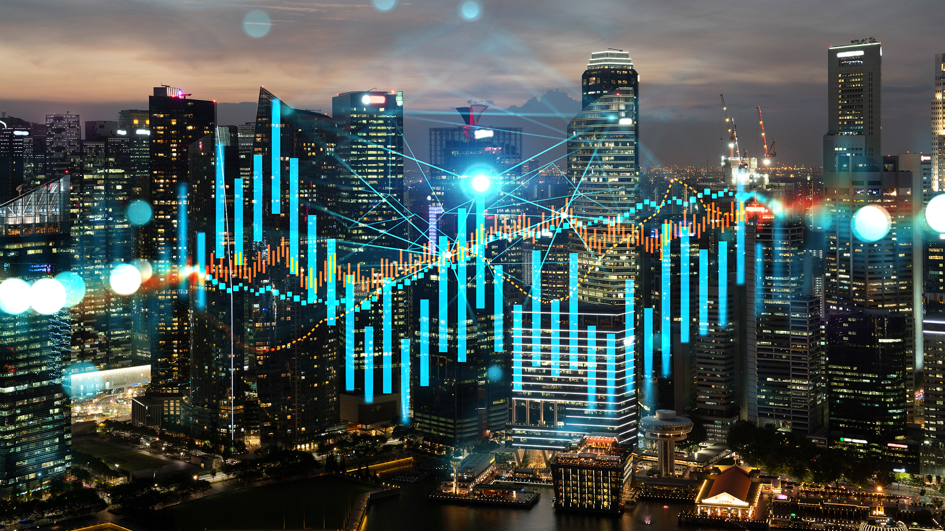 stock graph over buildings in the city