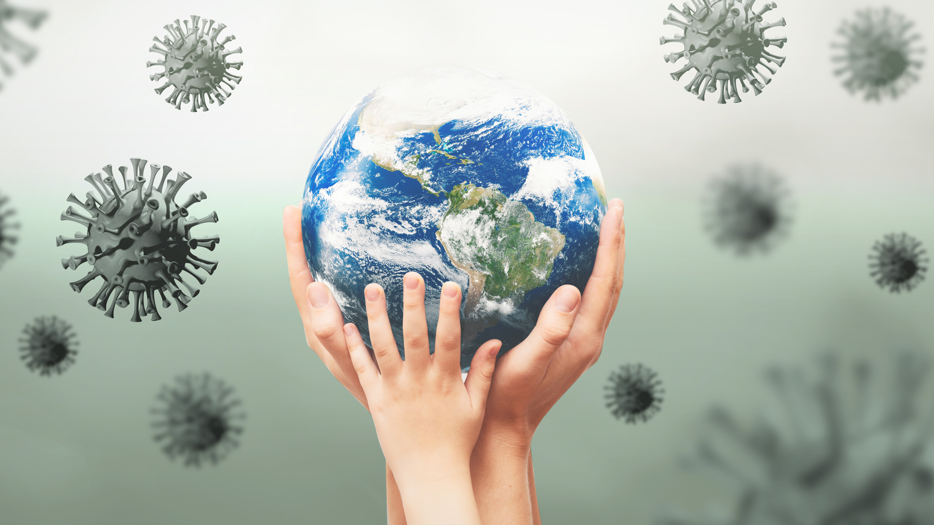 Viruses around the earth globe, world pandemic