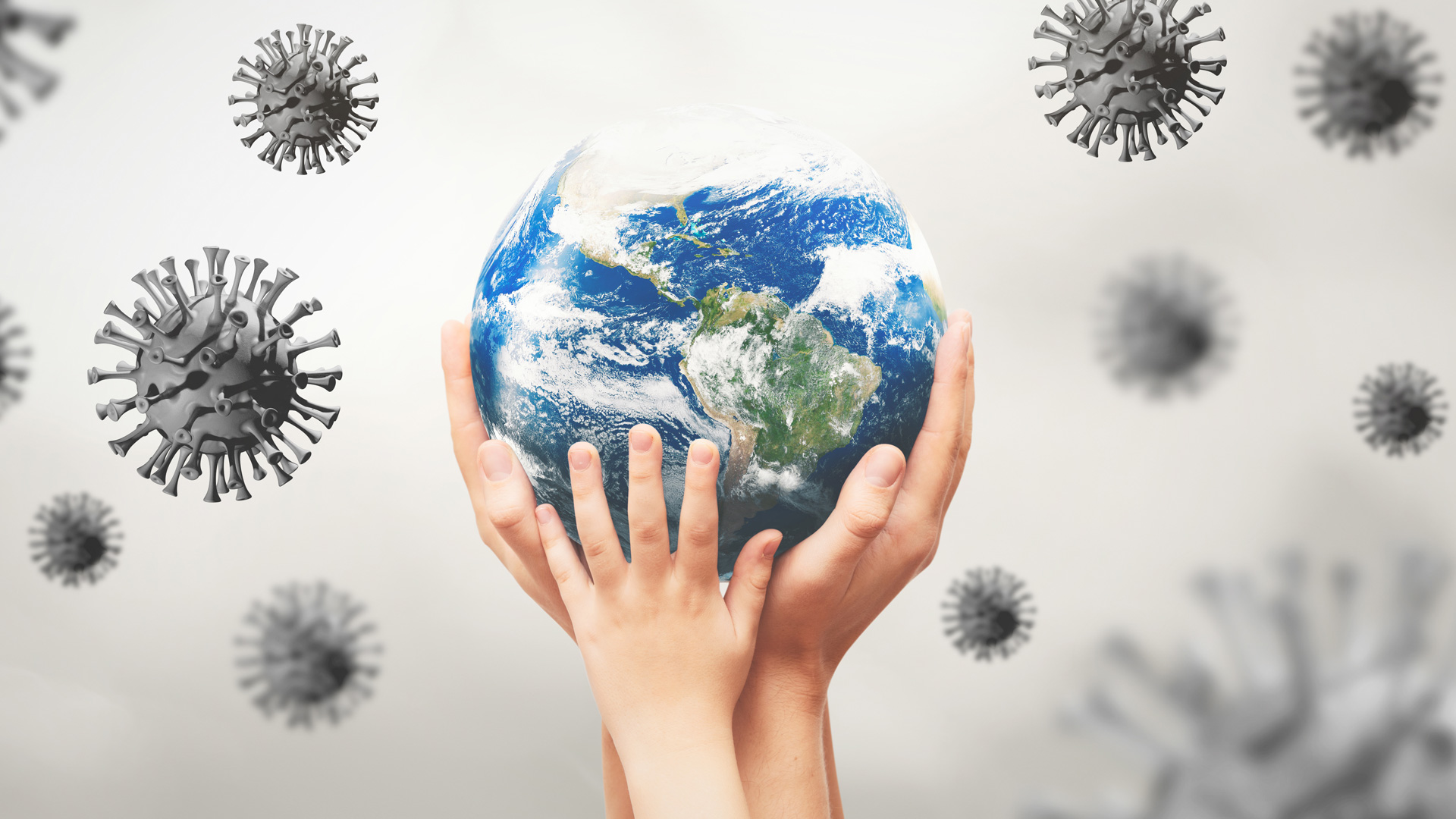 Viruses around the earth globe, world pandemic