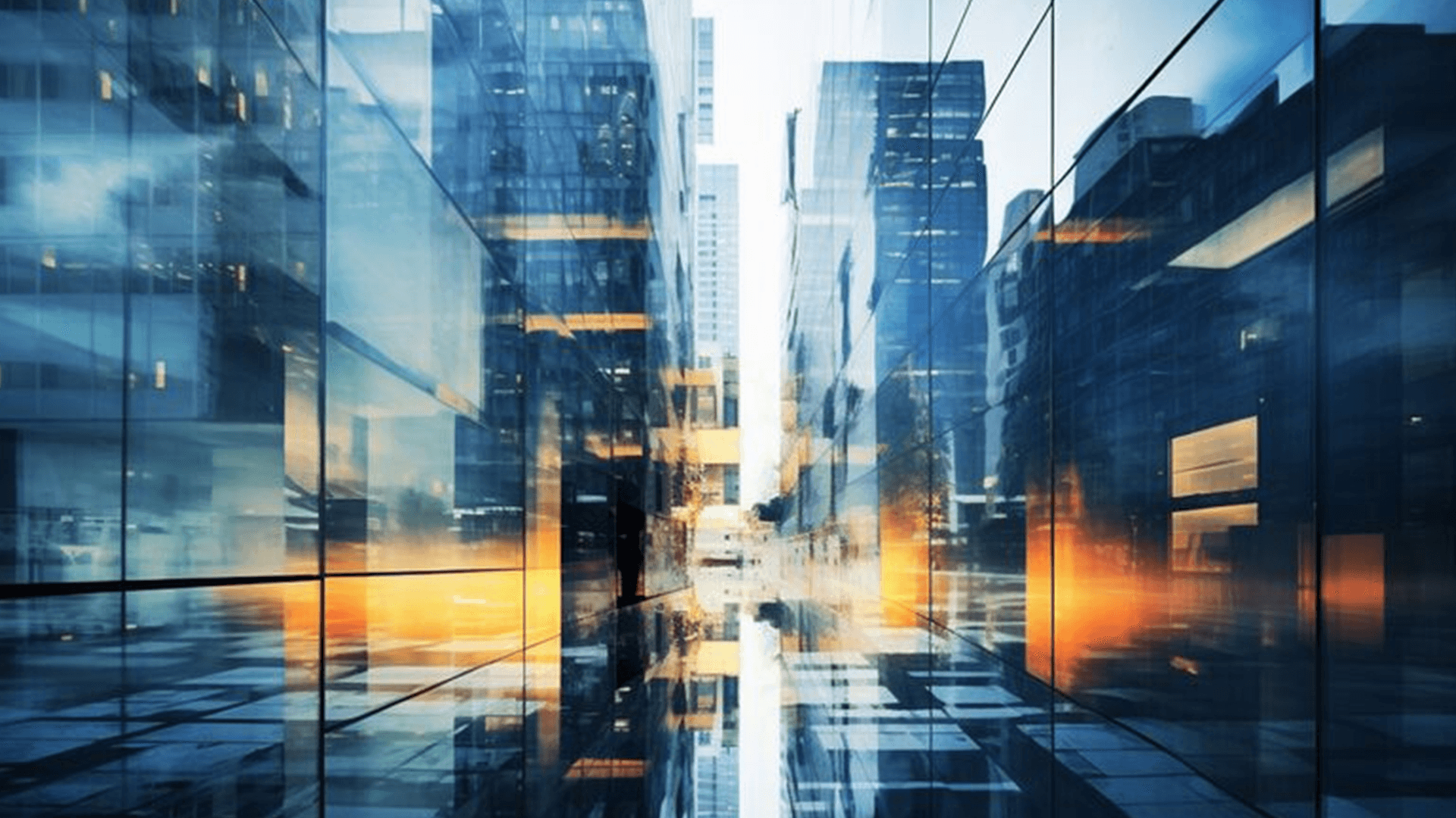 orange reflections on corporate buildings