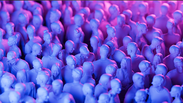 Pink and blue plastic figurines talking to each other