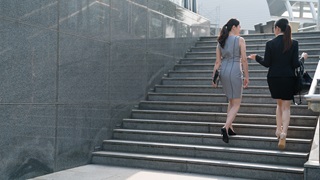 Two businesswomen walking up stairs 