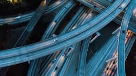 Aerial view of a massive highway at night