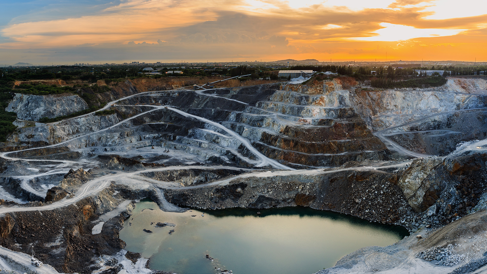Panoramic view of a quarry during sunset