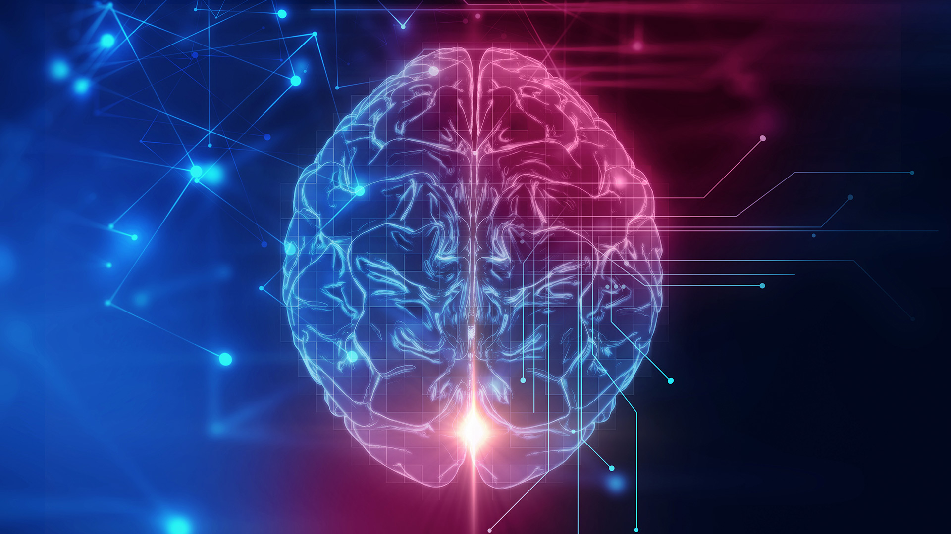 Collage représentant un cerveau et des points de données sur fond bleu et mauve
