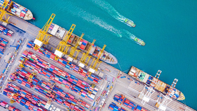 Aerial top view of container cargo ships in import export business