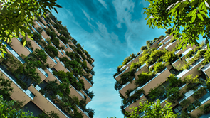 Upward view of green apartments