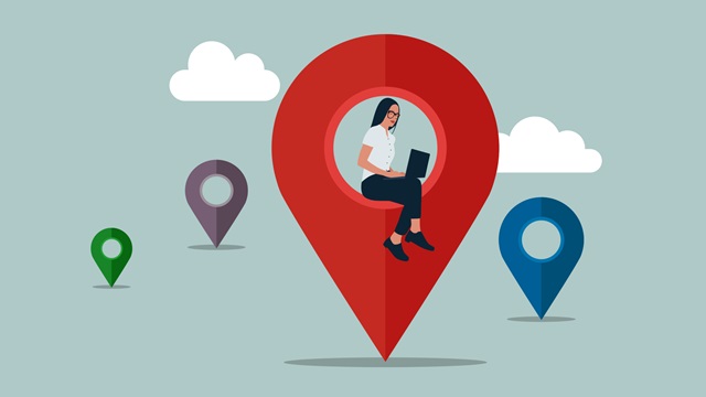 Illustration of a woman sitting in a map location icon with a laptop.