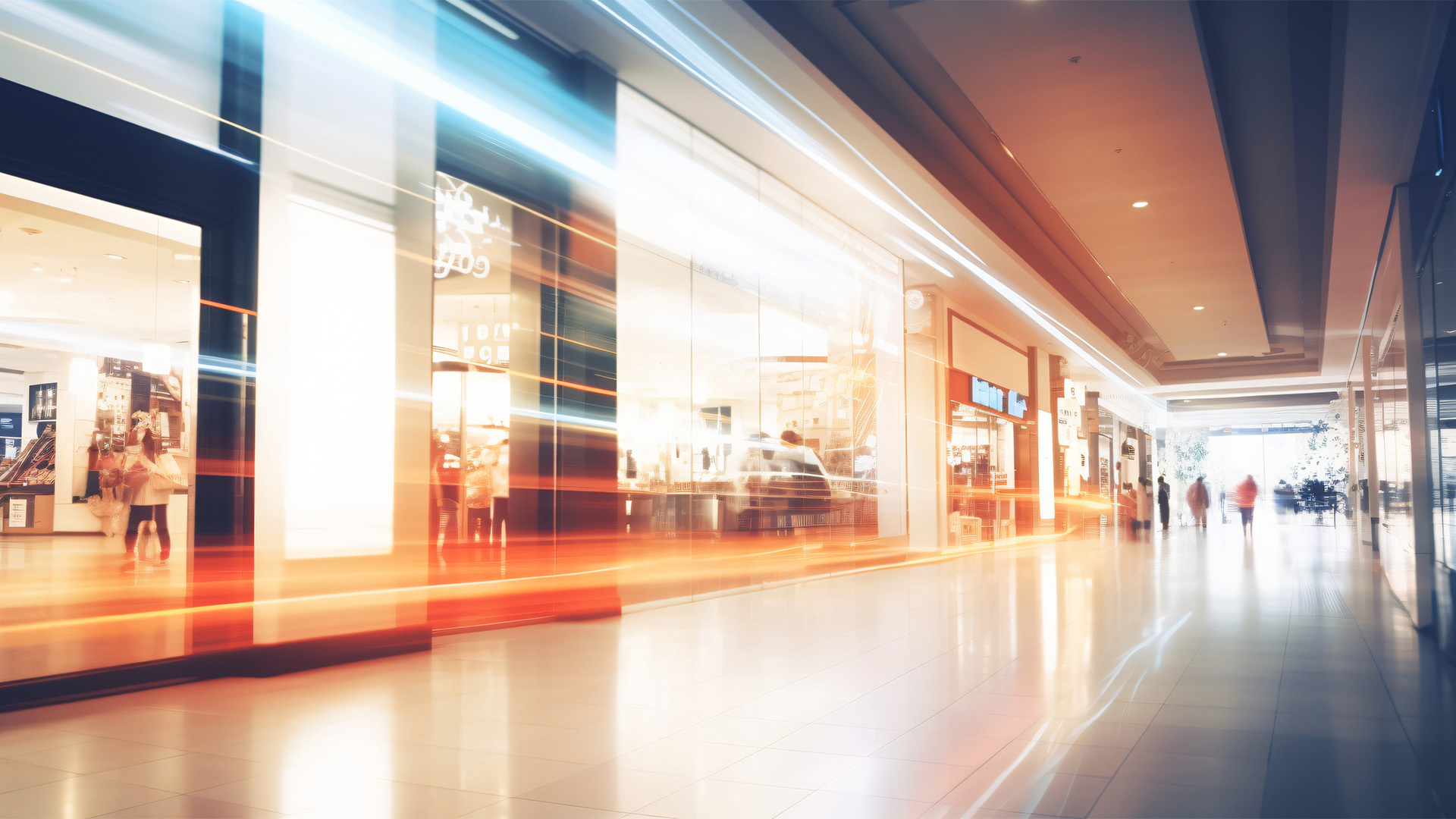 A shopping mall with three stripes of light in front of a storefront