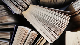 Collection of different books on white shelf, above view