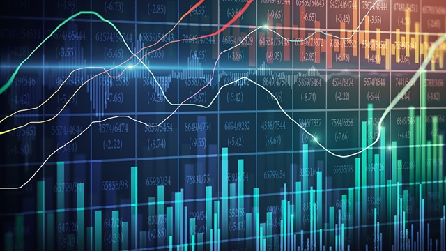 A financial chart represented by blue, yellow and green lines and bars