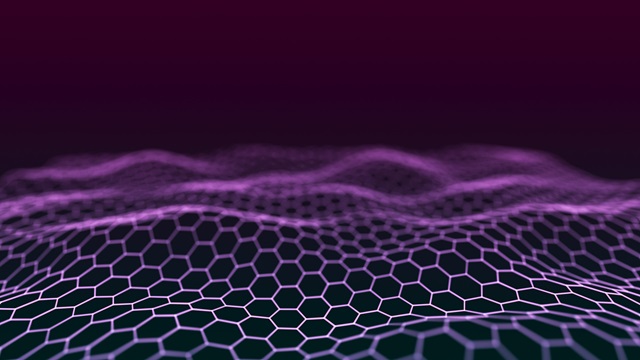 Crypto-related representation with purple digital waves with shaped cells