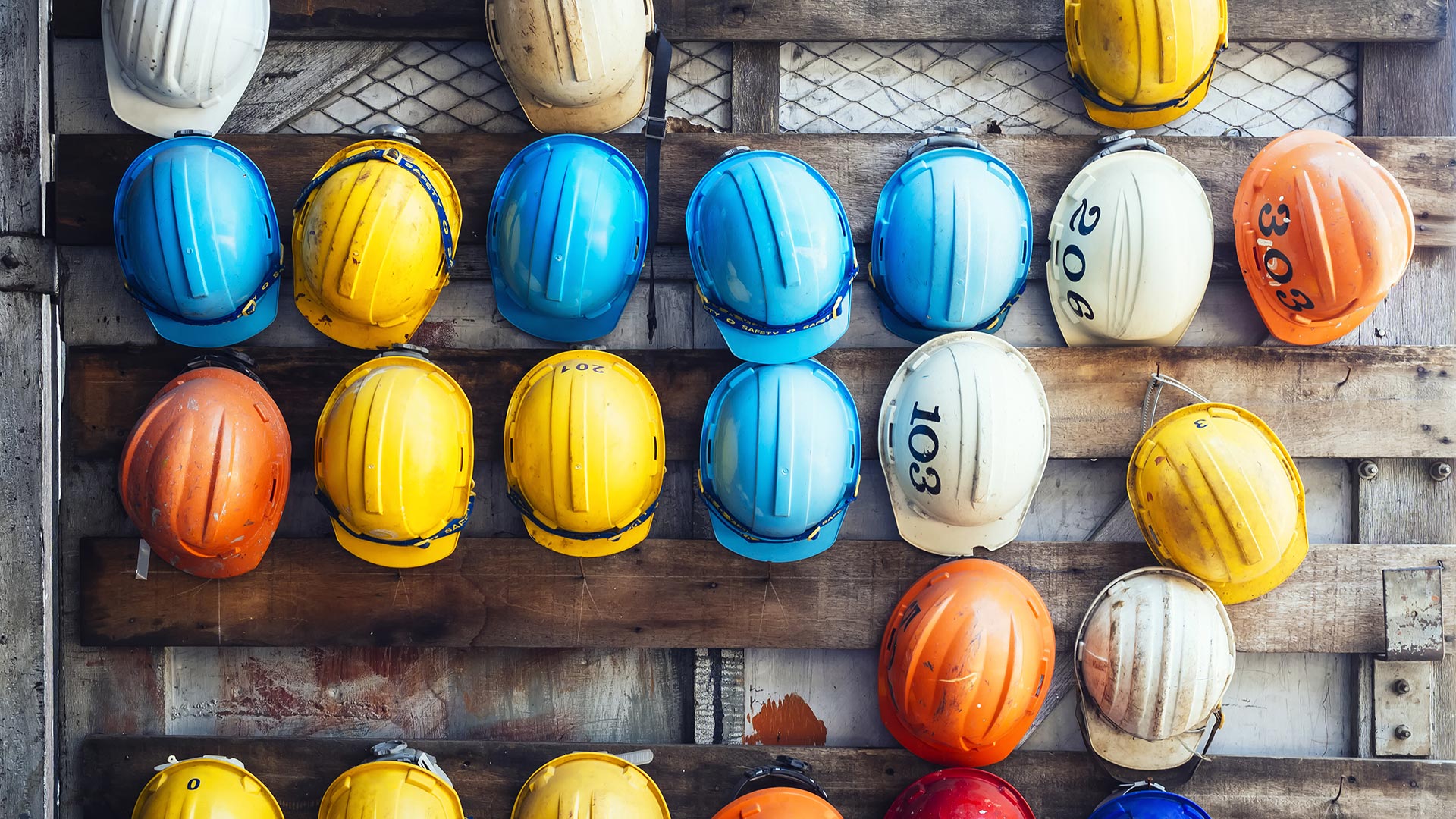 Hard hats hanging