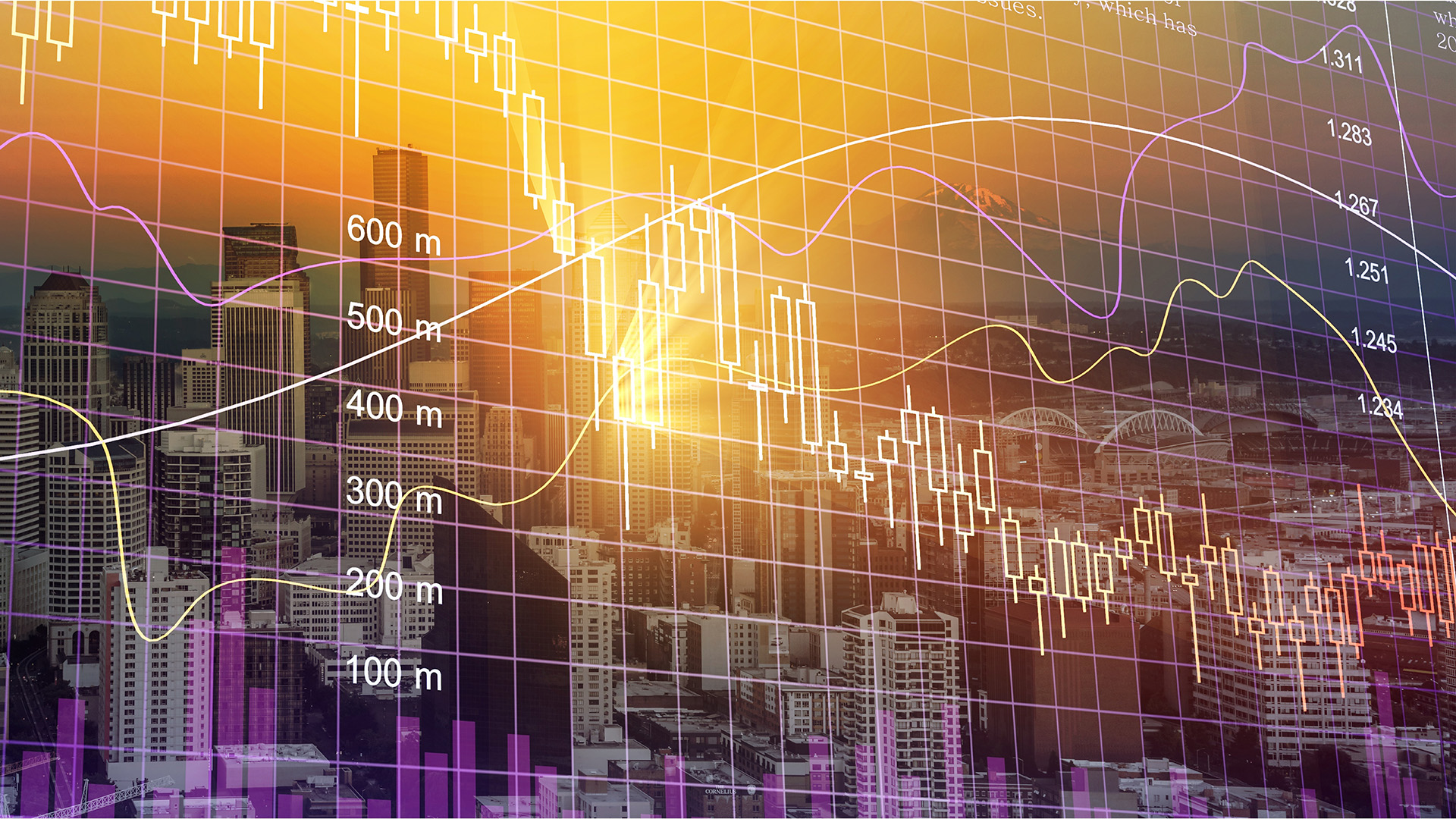 Purple and yellow financial graphs with city background